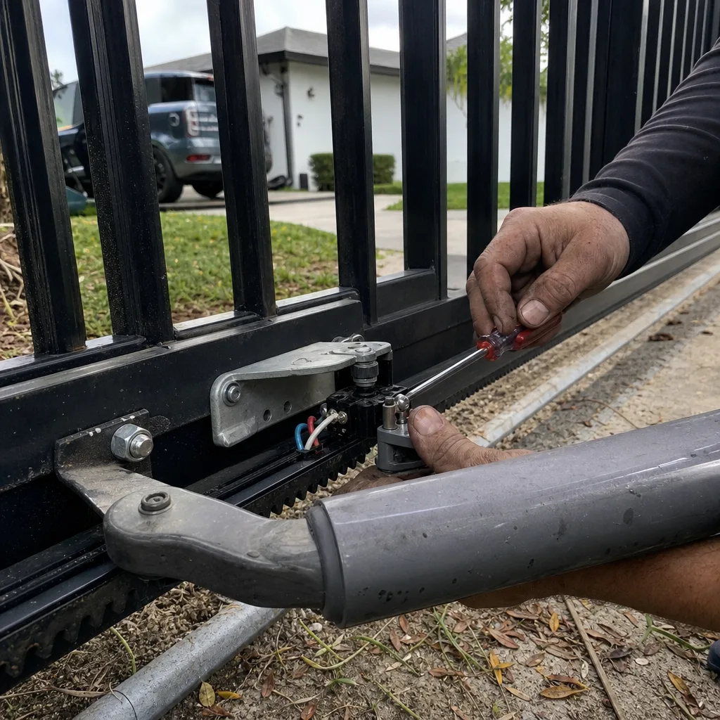 Technician performing professional electric gate repair and maintenance