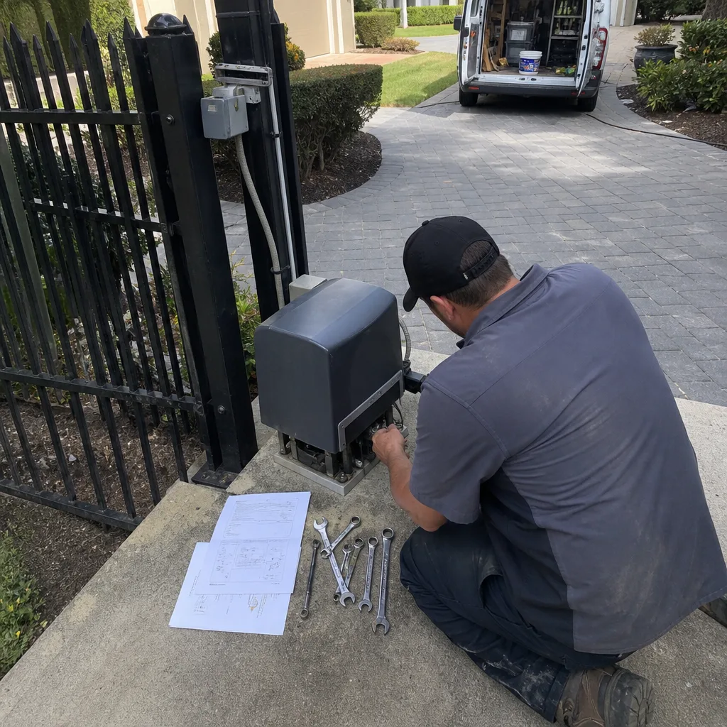 Technician performing professional electric gate repair and maintenance service