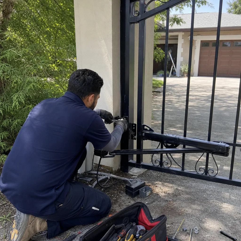 Technician performing professional gate motor repair on a driveway gate