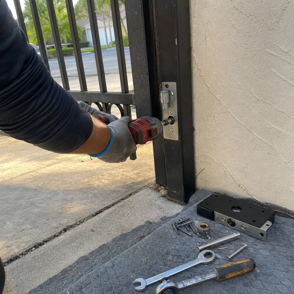 Technician using a power drill to install metal gate hardware