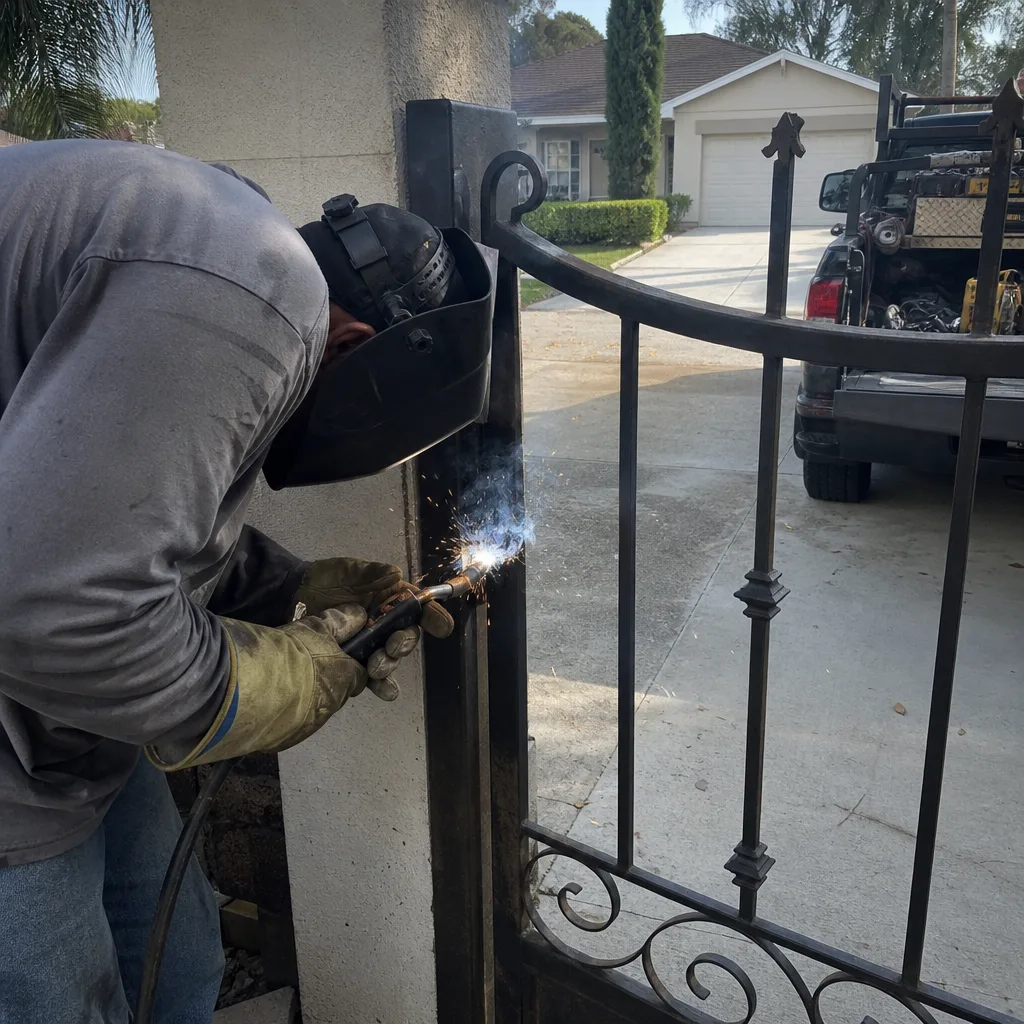 Professional welder performing metal gate repair with welding equipment