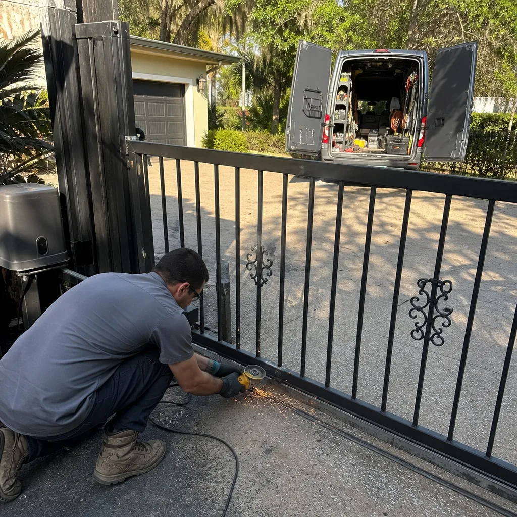 Technician using an angle grinder to perform professional metal gate repair